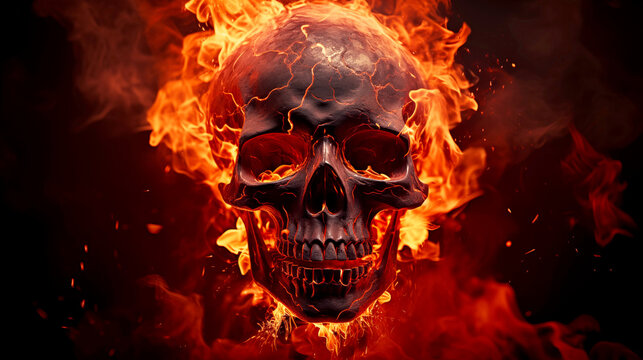 Flaming Skull Illustration: A fiery depiction of death and danger, embodying Halloween's spooky essence with elements of horror and grunge in a symbolic skull engulfed in flames