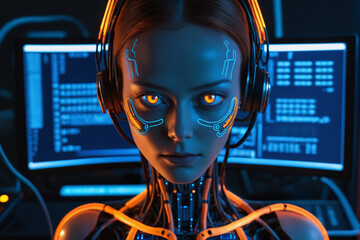 A female android with glowing blue and orange circuitry operating a computer terminal, emphasize cybernetic eyes, cell shading - AI concept - obrazy, fototapety, plakaty