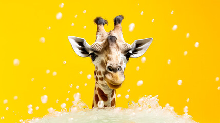 A playful giraffe enjoys a bubbly bath, surrounded by soap bubbles