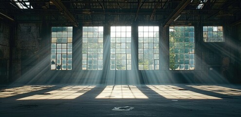 An old factory building with large windows and sunrays illustration