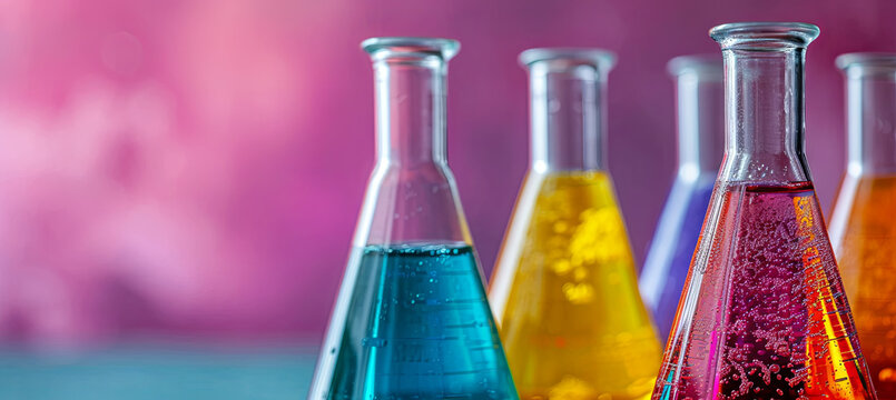 Colorful solutions in neon and contrasting flasks arranged on the laboratory table, illustrating the concept of science and research with luminophores. pink background