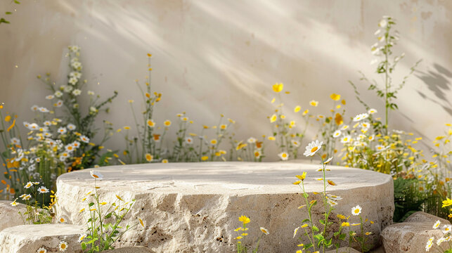 Empty round product podium display, small buttercup flowers against stone wall for cosmetic products