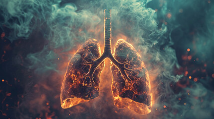 Burning Smoker's lungs enveloped in smoke, illustrating the impact of smoking habits on human health.