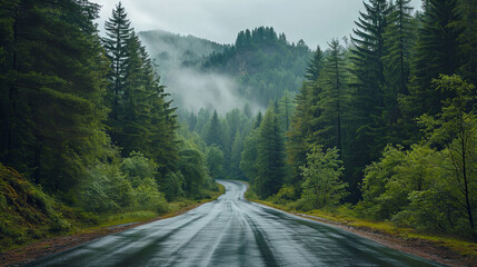 Road to the mountains in the rain, travel concept, beautiful view 