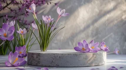 Foto op Canvas Empty round stone podium pedestal with Crocus flowers with natural sunlight © amila