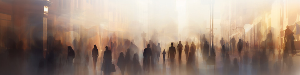 crowd of people long narrow panoramic view on a sunny summer street blurred abstract background in out-of-focus, sun glare image light