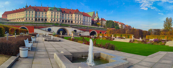 Warsaw, Poland  October 2, 2023: Panorama of the Royal Castle in Warsaw. View of the garden and...