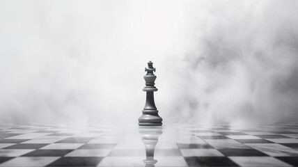Fototapeta premium a lonely chess piece on a chessboard in disturbing lighting and fog, concept strategy decision-making leadership