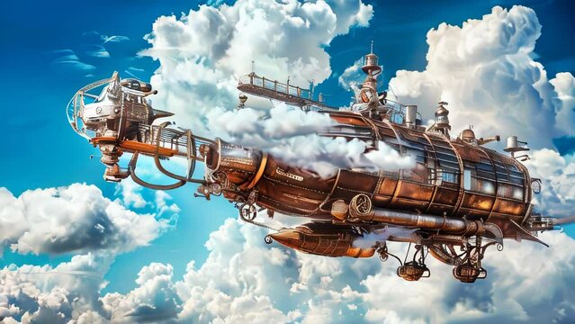 Fantasy steampunk flying vehicle in the sky