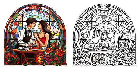 Romantic Dinner Scene with Gifts: Stained Glass Style Vector Art Coloring Page