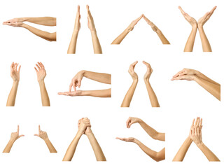 Multiple images set of female caucasian hand gestures with french manicure