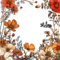  Illustration of Autumn flower Frame on white background