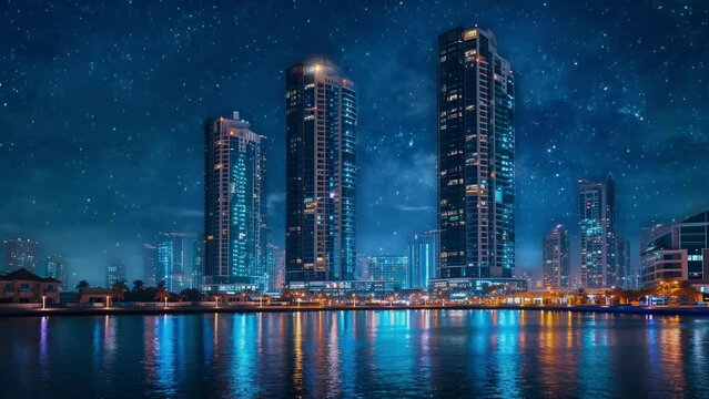 Illustration of skyscrapers with moving clouds, Three beautiful buildings and a lake. is perfect for background projects; real estate, business, architecture, 4k virtual video animation.