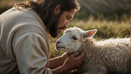 Jesus, der gute Hirte, zeigt Zärtlichkeit und Geborgenheit gegenüber einem Lamm - obrazy, fototapety, plakaty