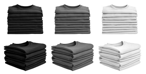 3 Set of pile stack group of folded blank black grey gray white tee t shirt sweater round neck on transparent background cutout, PNG file. Mockup template for artwork graphic design