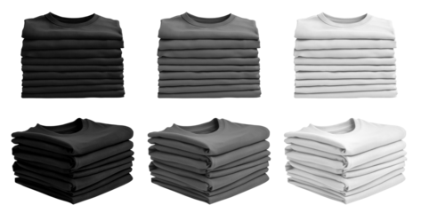 3 Set of pile stack group of folded blank black grey gray white tee t shirt sweater round neck on transparent background cutout, PNG file. Mockup template for artwork graphic design