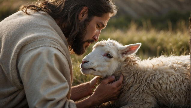 Jesus, der gute Hirte, zeigt Zärtlichkeit und Geborgenheit gegenüber einem Lamm