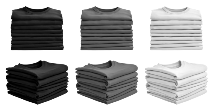 3 Set of pile stack group of folded blank black grey gray white tee t shirt sweater round neck on transparent background cutout, PNG file. Mockup template for artwork graphic design