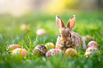 Fototapeta na wymiar Easter bunny and easter eggs on a colourful background with spring flowers