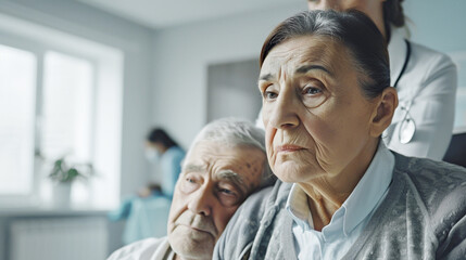 An elderly couple with worried expression receives consultation from a medical professional. Psychological health of an elderly person