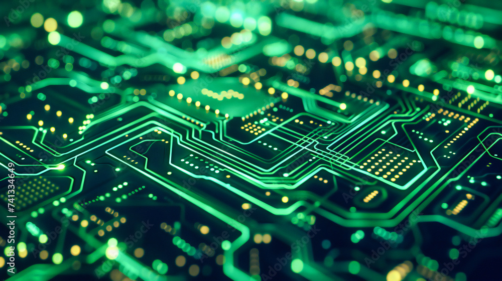 Aufkleber digital circuit and technology, abstract computer motherboard, blue and green tech background