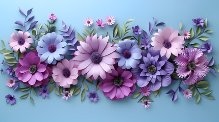 A delightful backdrop of lilac paper flowers on a sky blue background, providing an open canvas for creative text or greeting card sentiments. Perfect for International Women's Day and Mother's Day