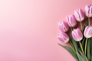 Bouquet pink tulips flowers on light pink background