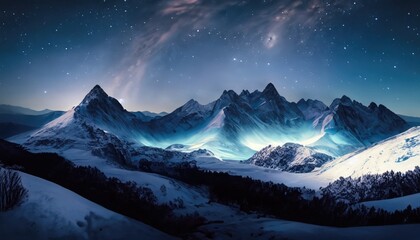 Snowcapped mountains under the night sky