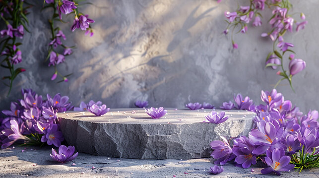 Empty round stone podium pedestal with Crocus flowers with natural sunlight