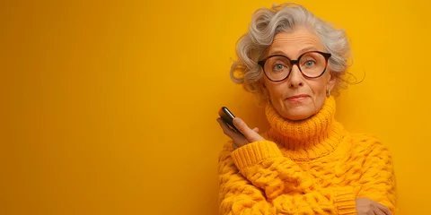 Fotobehang Portrait of mature lady in knit jumper confused using smartphone when someone stolen her privacy data isolated on yellow color background © ERiK