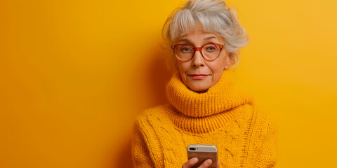 Portrait of mature lady in knit jumper confused using smartphone when someone stolen her privacy data isolated on yellow color background - obrazy, fototapety, plakaty