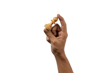 Male hand holding a wooden chess figure, worker concept. working class.