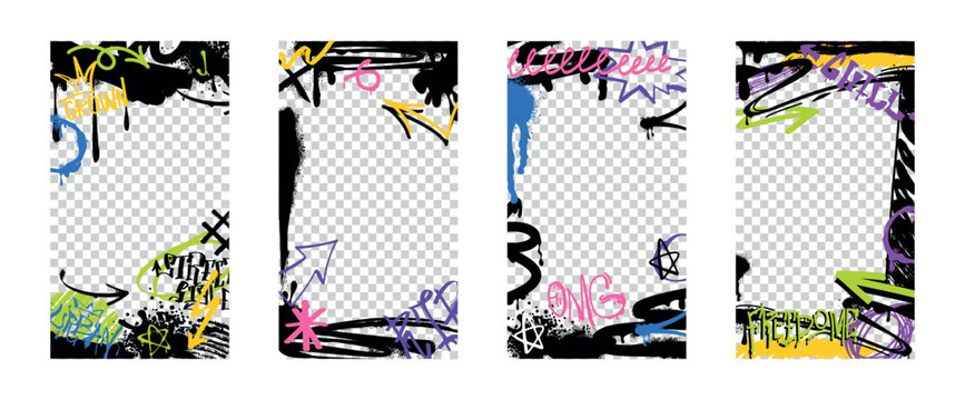 Spray paint borders or frames with graffiti color tags and urban elements with ink drips. Vector set of covers with abstract street art decoration, arrows and icons isolated on transparent background.
