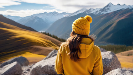 Fototapeta na wymiar Tranquil Young Woman Explorer in Mustard-Colored Beanie Delighting in the Peaceful Mountain Vista. Embracing Mindfulness and Nature's Thrilling Escapade.