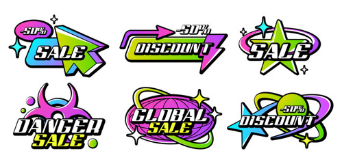 Trendy colorful Y2k logo collection. Retro acid gradient lettering logos with graphic elements for sale or discount store. Set of sticker, badges, slogan typography vector icon design illustration.