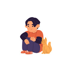 Alone cute boy sits on floor with stuffed cat. Single happy child talks with his favourite soft friend. Kid plays with toy. Flat isolated vector illustration on white background