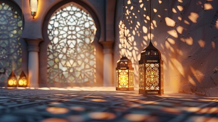 Interiror of a masjid with traditional Arabic lantern Eid celebration banner design with copy space. Beautiful morning peaceful environment soft light coming from the window