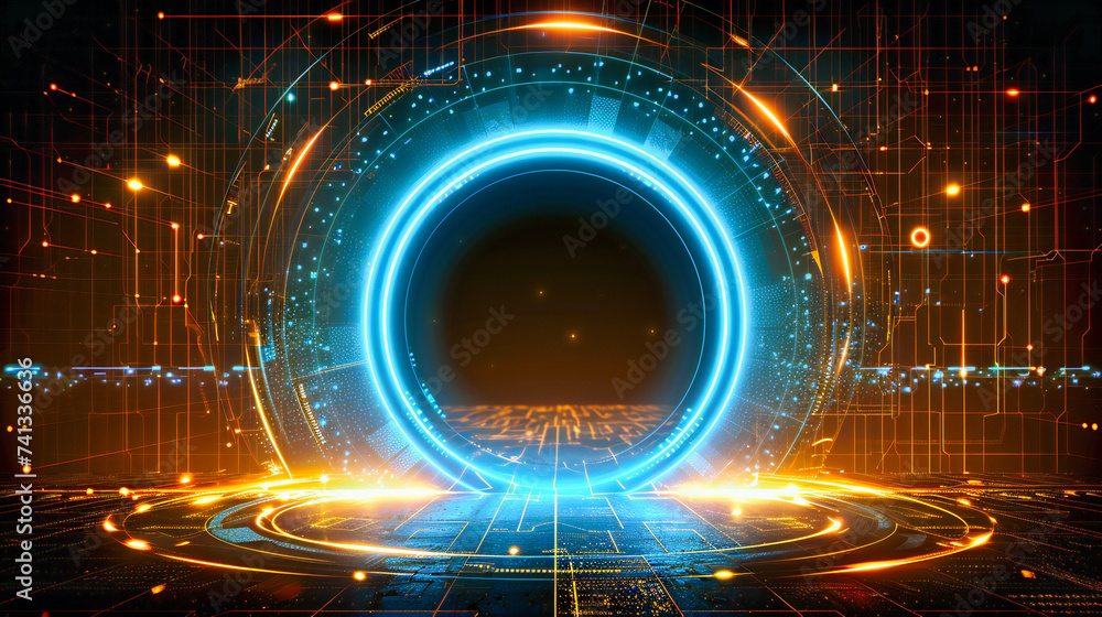 Aufkleber digital space and futuristic network, abstract science and technology concept in blue background