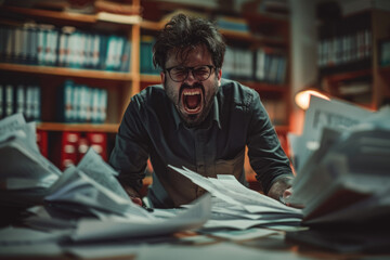 Pissed off male office worker cluttered with paperwork shouting - obrazy, fototapety, plakaty