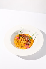 Duck breast with pumpkin risotto on a white plate, a gourmet meal for fine dining and restaurant menus