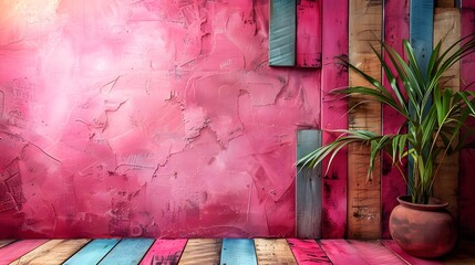 Pink Wall Aesthetic: Modern Interior Decor with Rustic Plant
