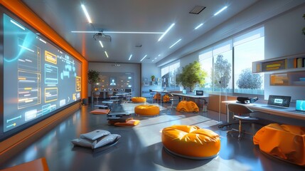 A modern classroom in the future, students learning through interactive 3D projections and virtual reality headsets