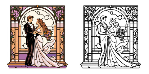 Wedding Couple with Presents Coloring Page Stained Glass Vector Art