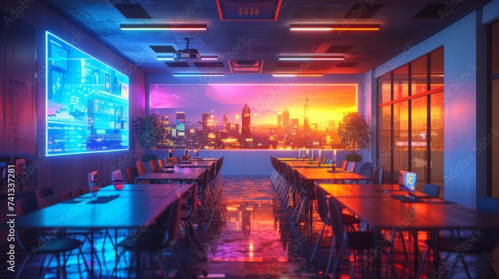 Aufkleber a modern classroom in the future, students learning through interactive 3d projections and virtual r