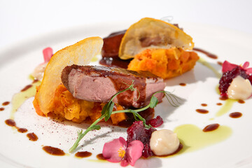 Duck fillet with onion marmalade and pumpkin puree, presented on a chic white plate for an upscale...