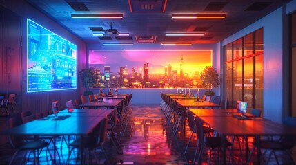 A modern classroom in the future, students learning through interactive 3D projections and virtual reality headsets