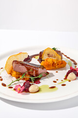 Duck fillet with onion marmalade and pumpkin puree, presented on a chic white plate for an upscale culinary experience