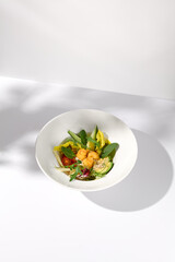 Vegetable salad bowl with avocado and cheese tempura balls, highlighted by shadows on a white surface