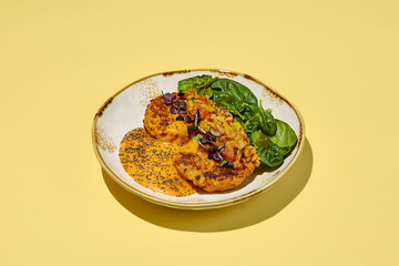 Savory Sweet Potato Cakes with Vegetable Salsa and Spinach, Healthy Vegan Concept. Ideal for Vegetarian Cuisine and Nutritious Meals