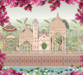 Indian Mughal garden, arch, peacock, bird, plant vector illustration for wallpaper mural art - obrazy, fototapety, plakaty